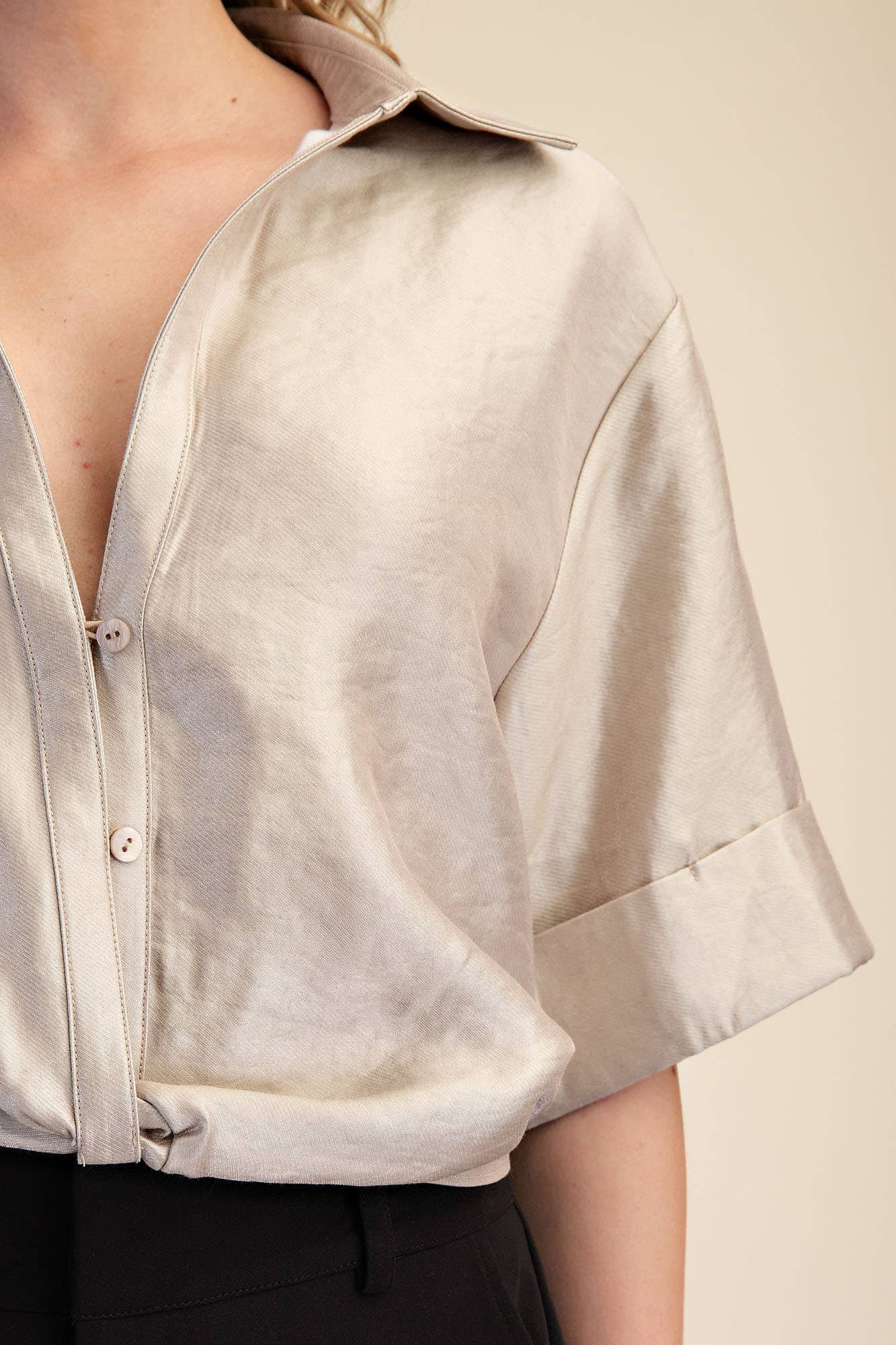 Deep Neck And Lapel Collar Short Sleeve Blouse
