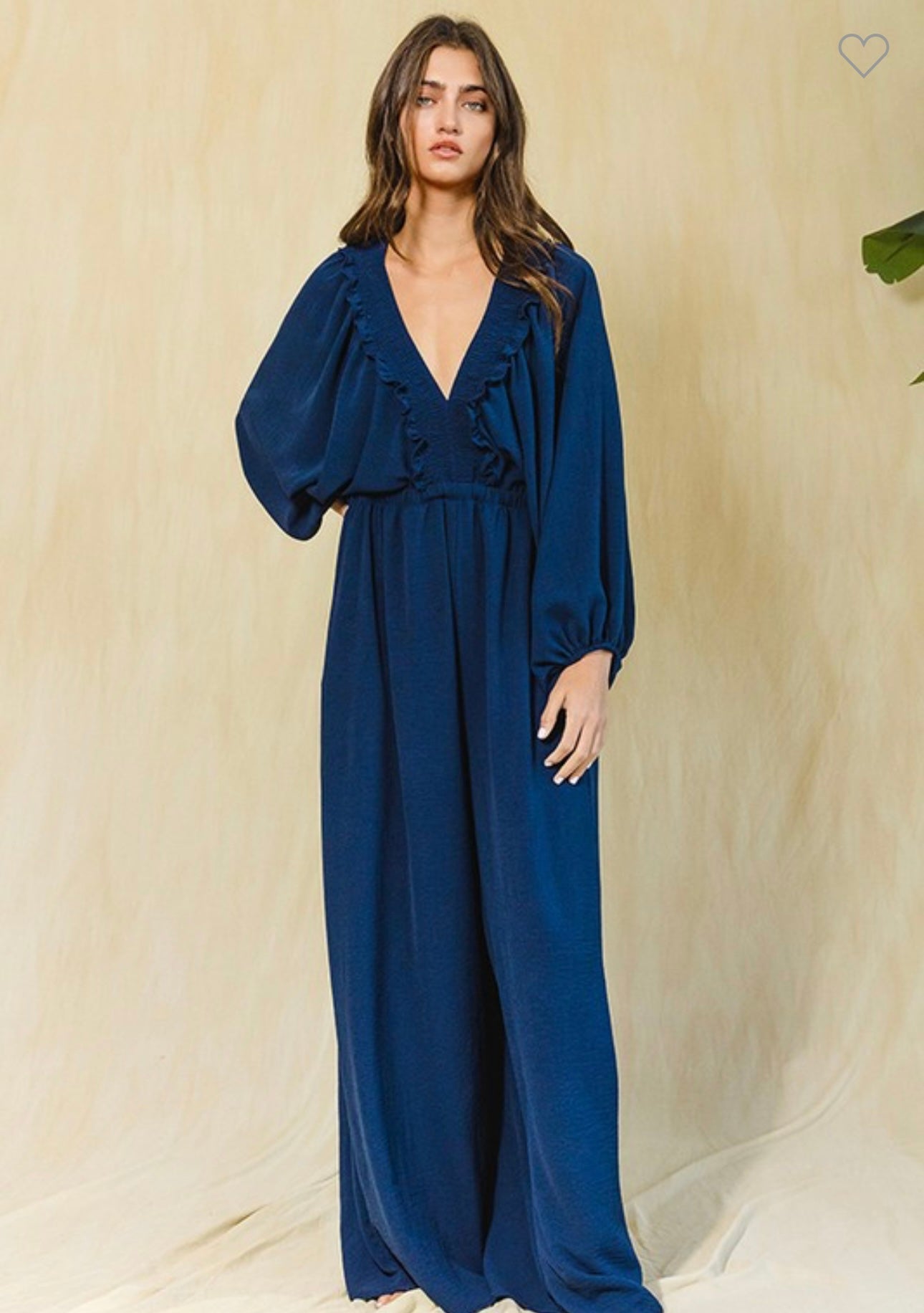 Navy Smocked Ruffled V-Neck Jumpsuit