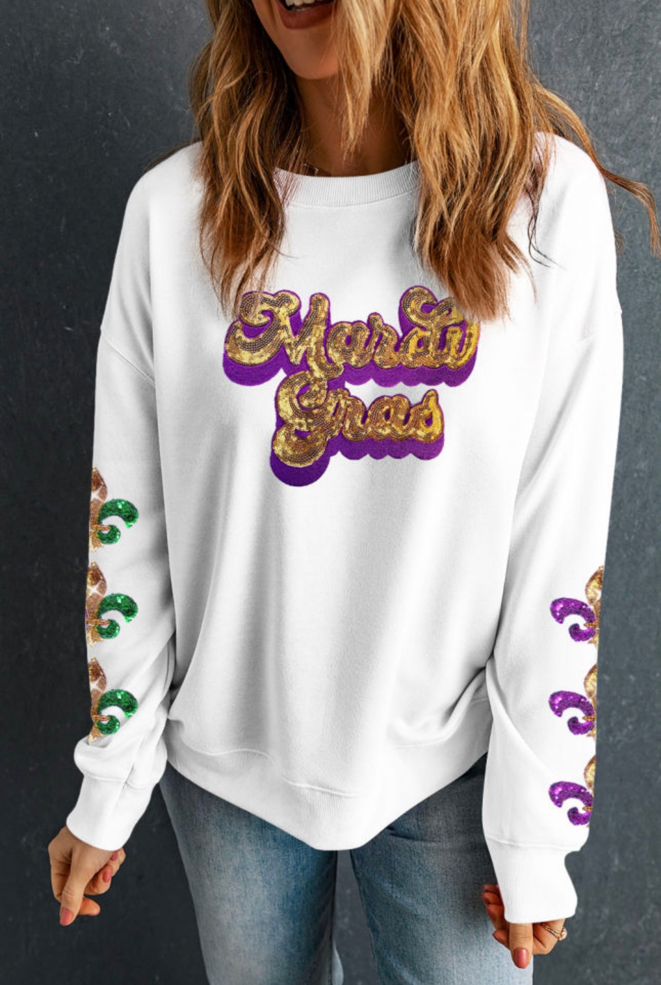 White Sequin Mardi Gras Sweatshirt