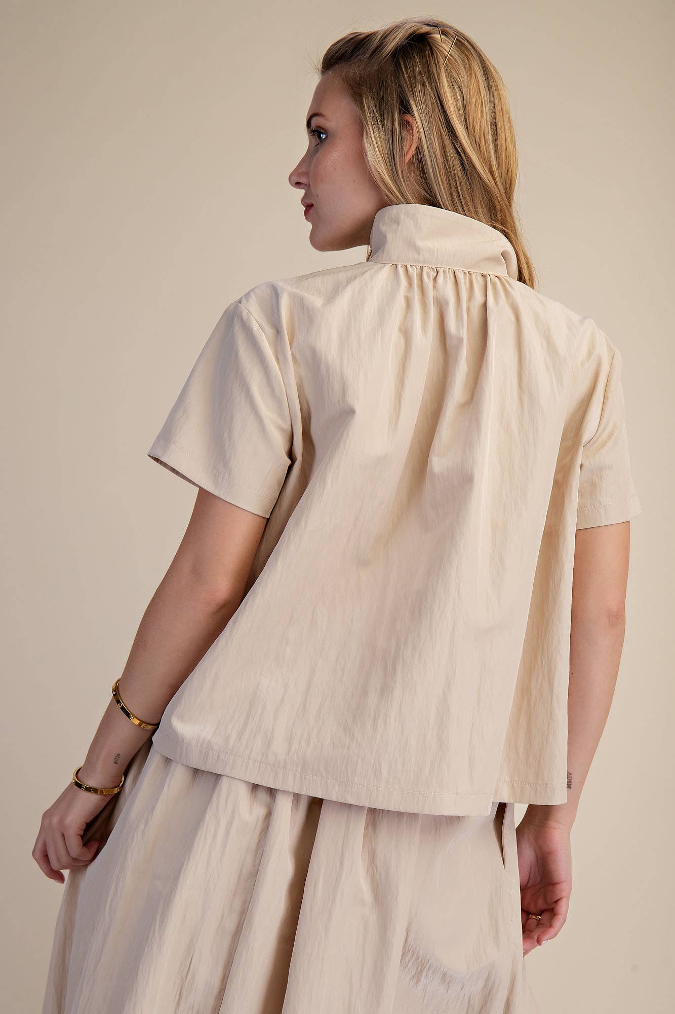 Taupe Stand Collar Short Sleeve Shirt