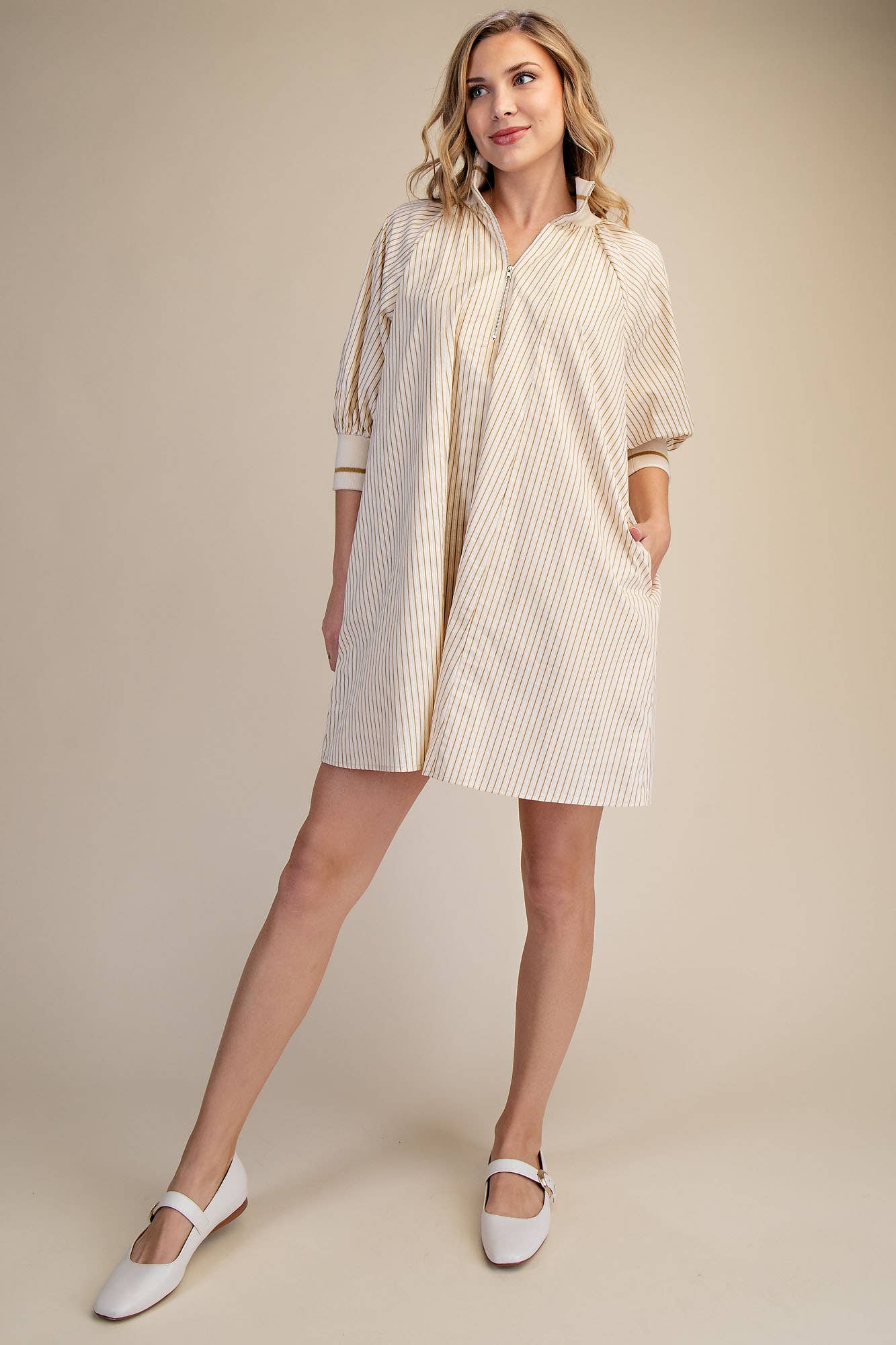 Mock Neck Band Puff Sleeve Casual Mini Dress