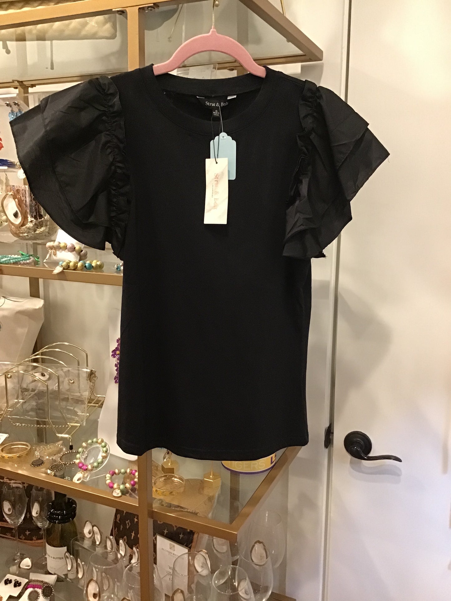 Strut and Bolt Black Blouse with Ruffled Sleeves