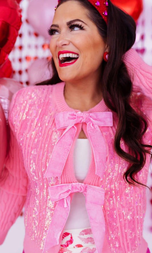 Brianna Cannon Pink Cable Knit Cardigan with Bows