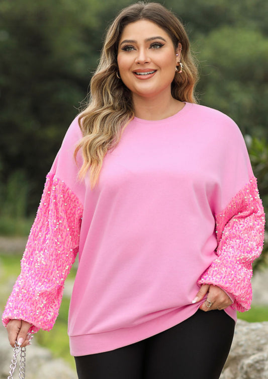 Curvy Sized Pink Sequin Sleeve Sweatshirt