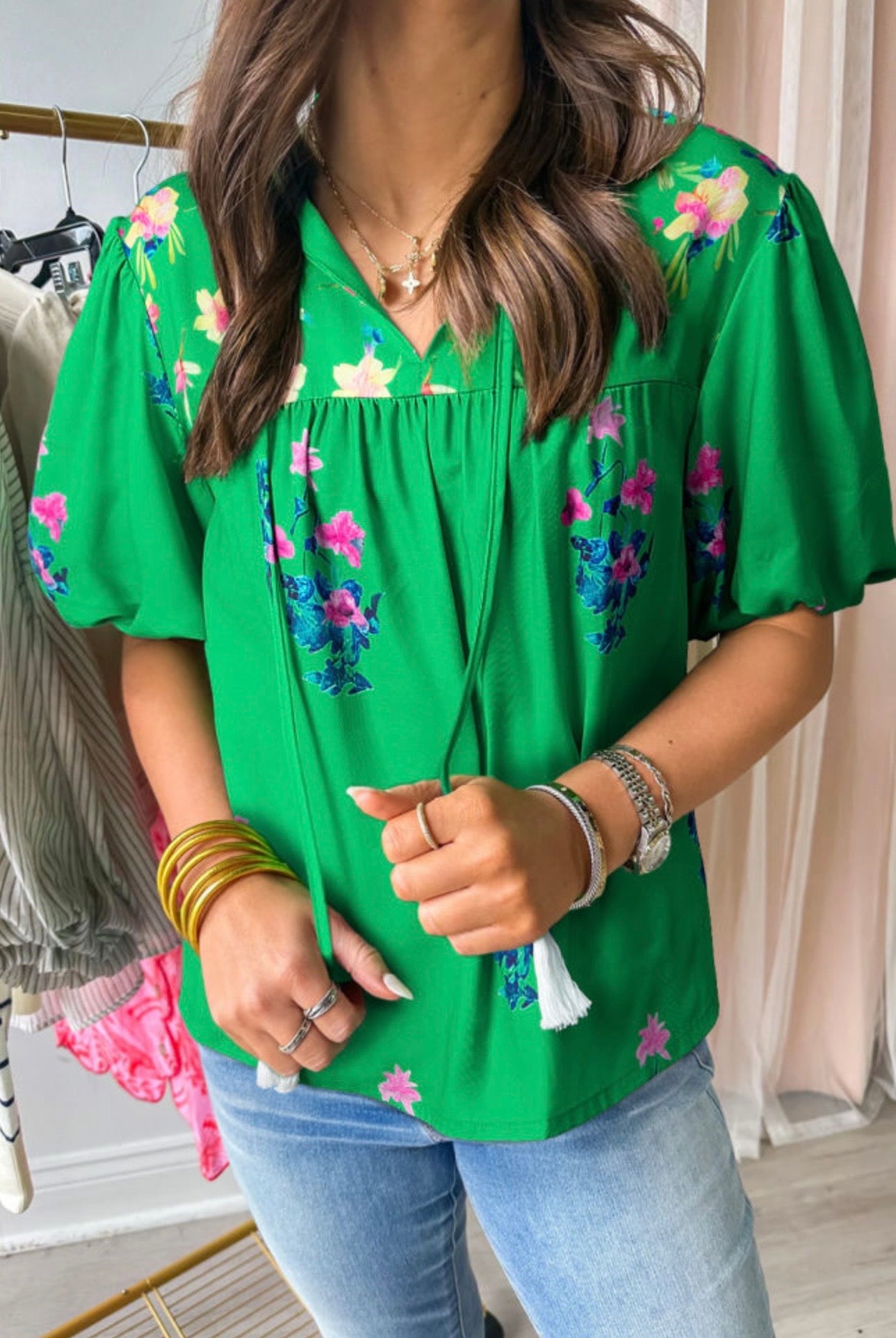 Green Floral Split Neck Puff Sleeve Blouse