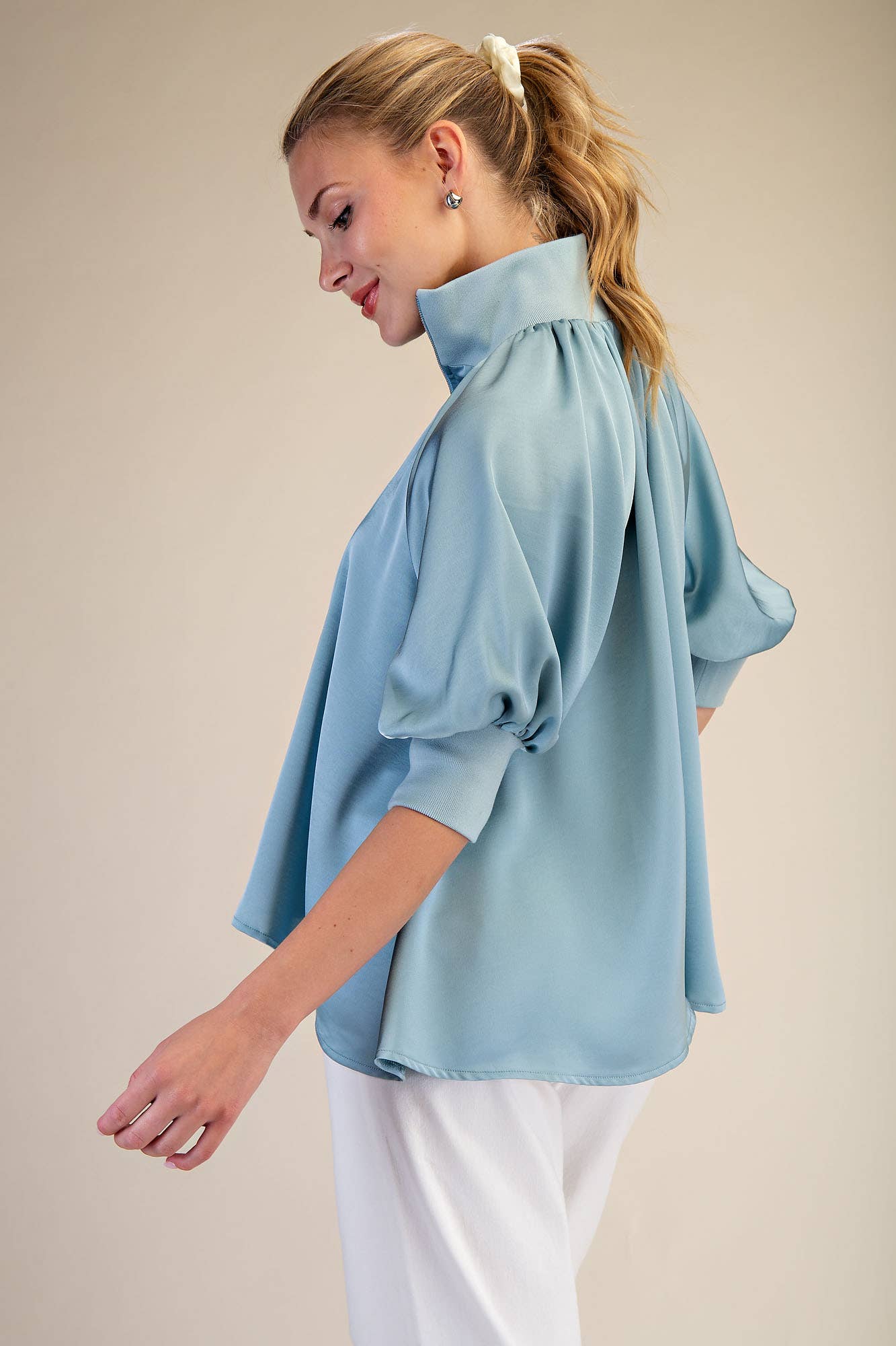 Light Blue Mock Neck Band Puff Sleeve Blouse