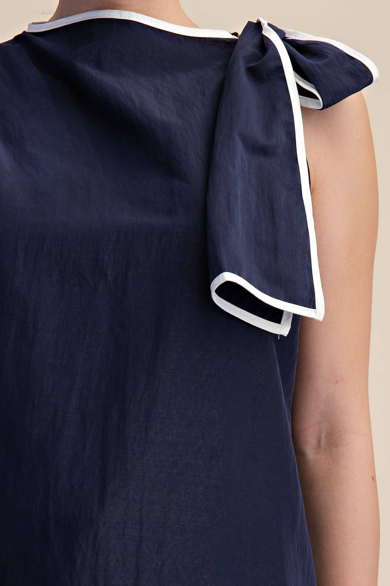 Navy Asymmetric Pleated Shoulder Bow Top