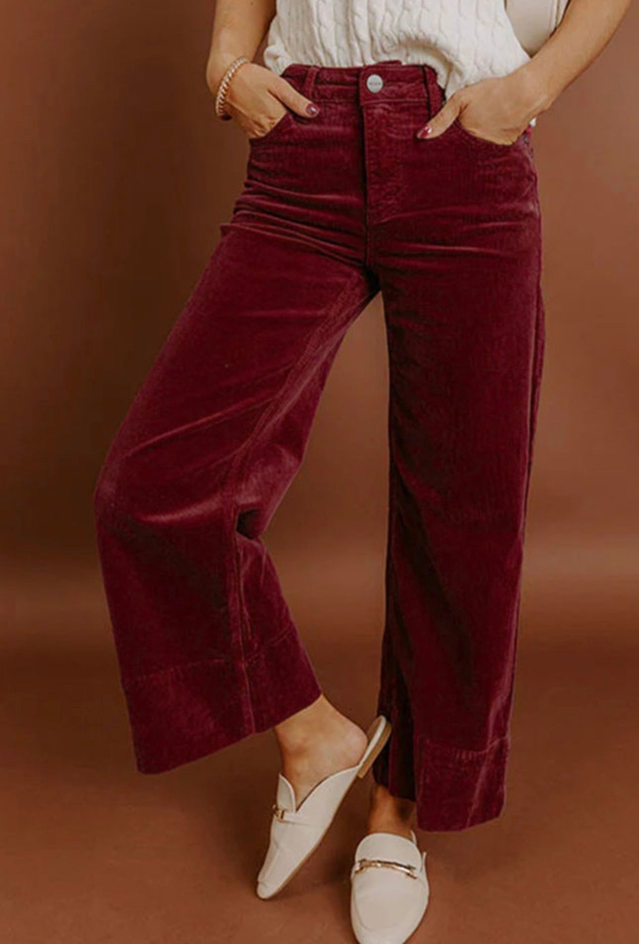 Burgundy Corduroy High Waist Wide Leg Pants