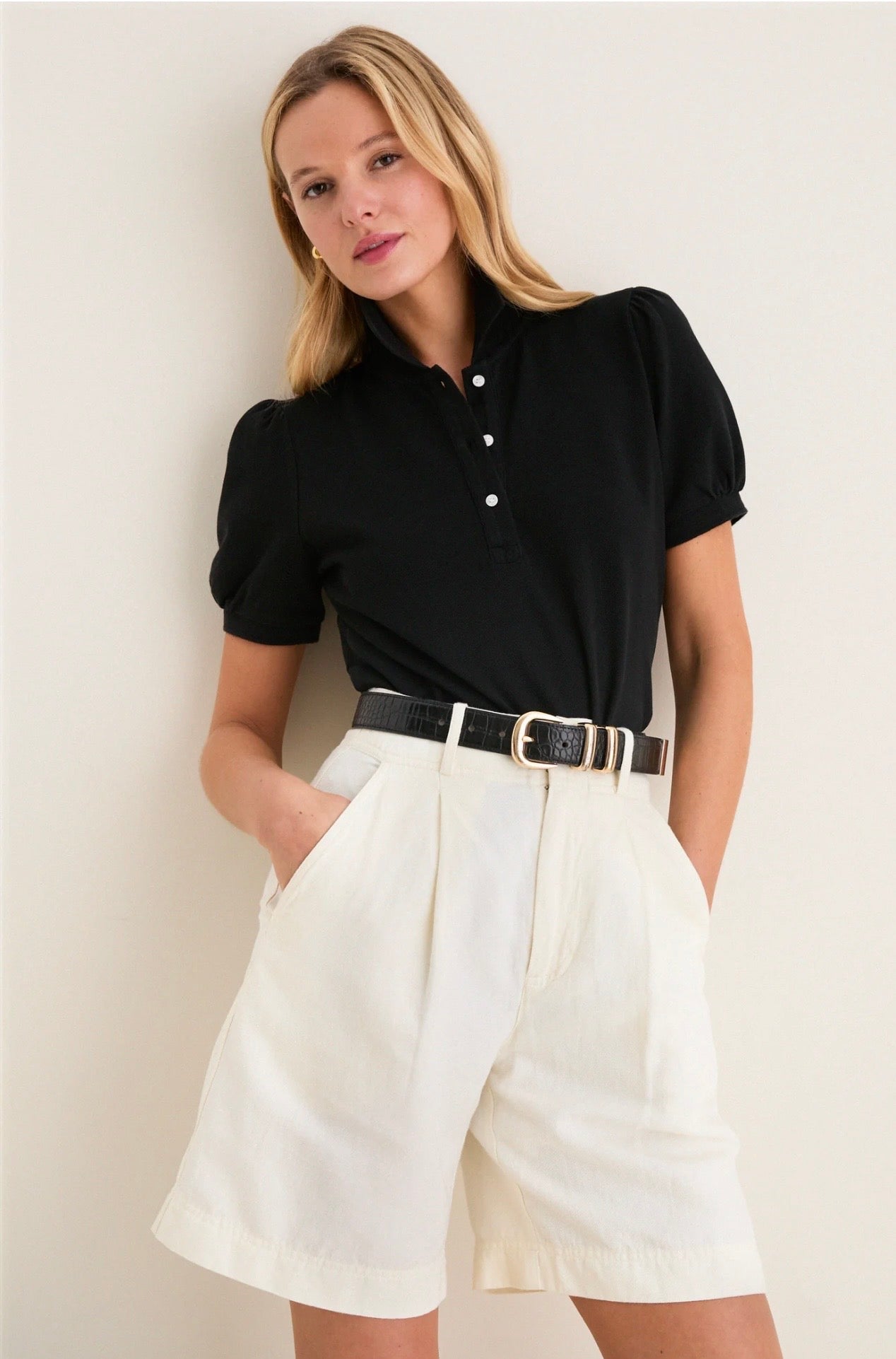 TUCKERNUCK
Black Pique Puff Sleeve Peggy Polo-Size Small
