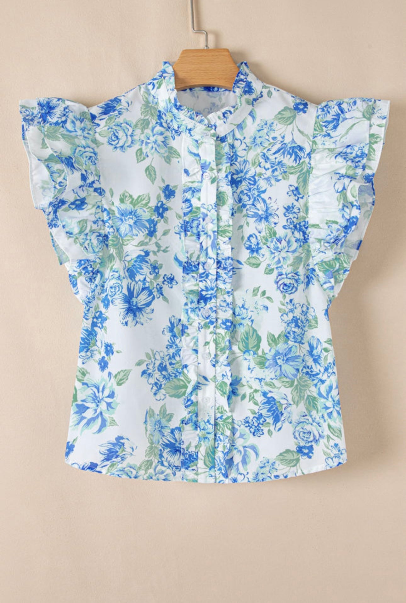 Blue Floral Ruffle Sleeve Top