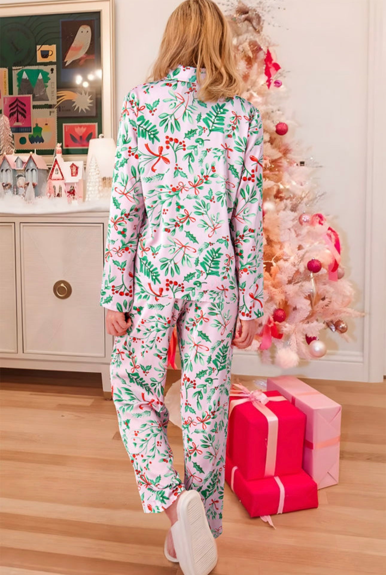 Pink Christmas Berries Satin Pajama Set