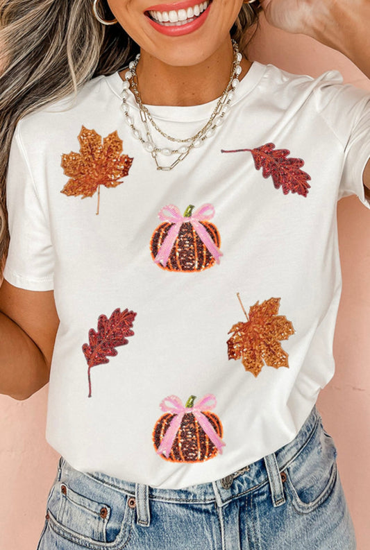 White Sequin Leaves & Bows Tee