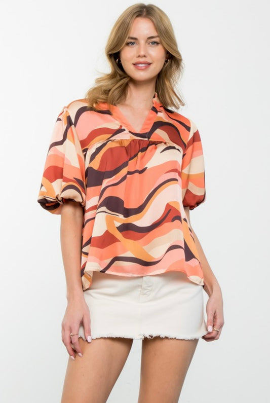 Coral Print Puff Sleeve Blouse