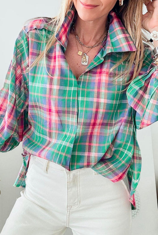 Green Plaid V Neck Collared 3/4 Sleeve Blouse