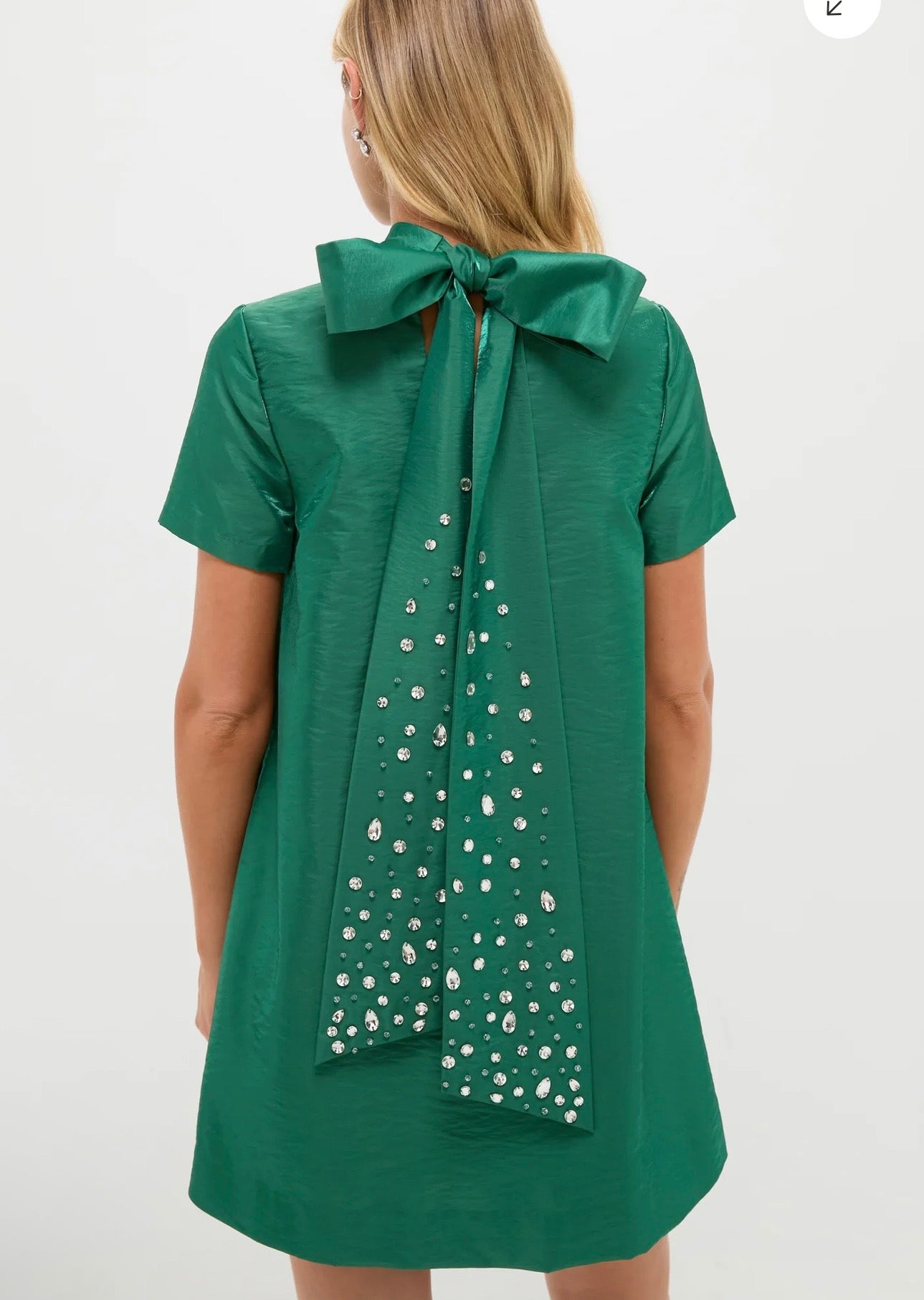 HYACINTH HOUSE Green Taffeta Embellished Ashton Bow Dress-Size XXS