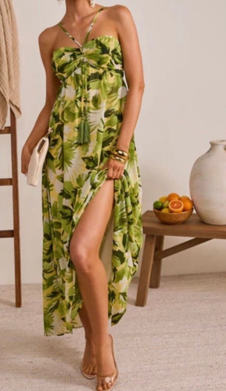VICI Collection Palmline Coast Tropical Halter Maxi Dress-Size Small