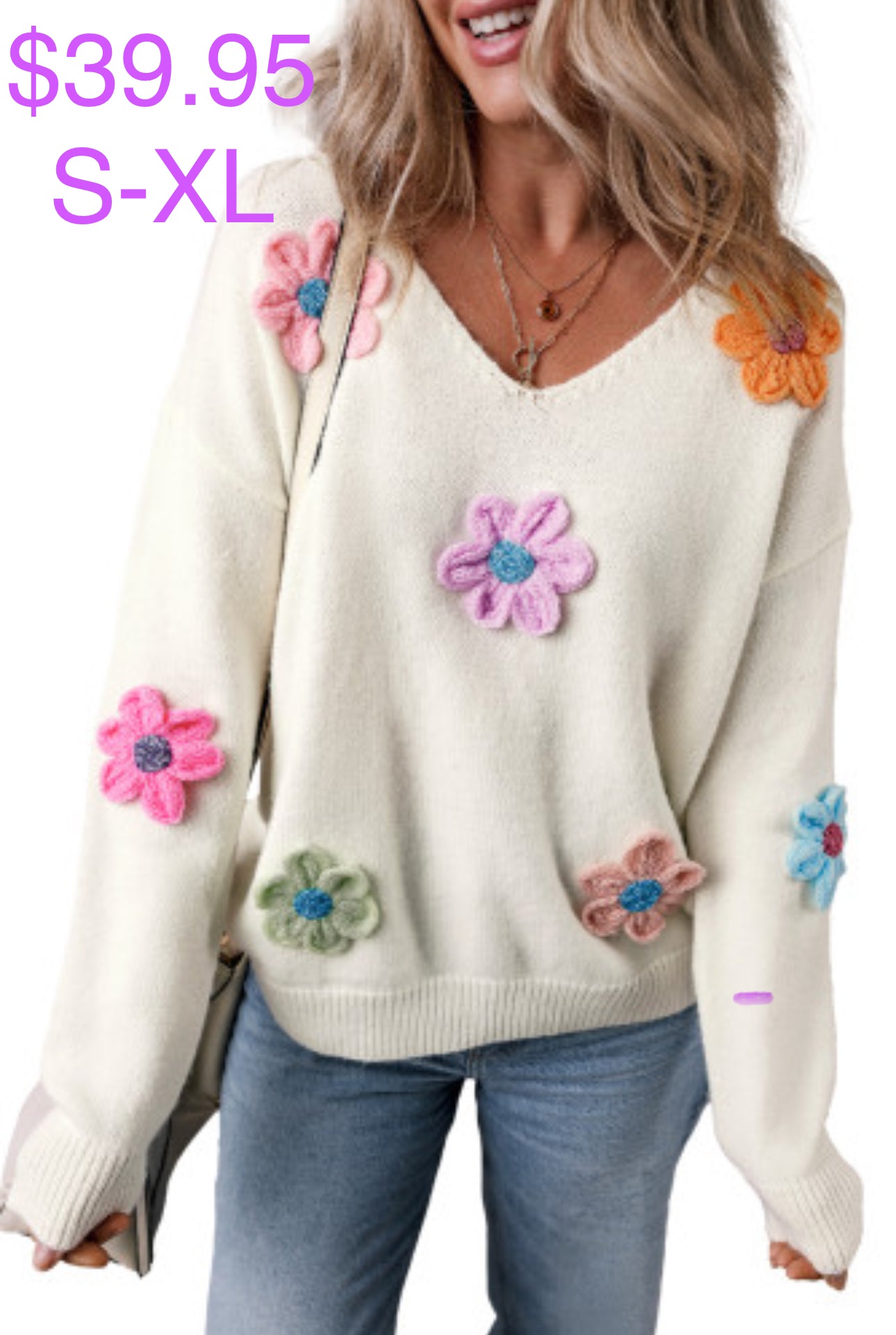 White Crochet Flower V-Neck Sweater