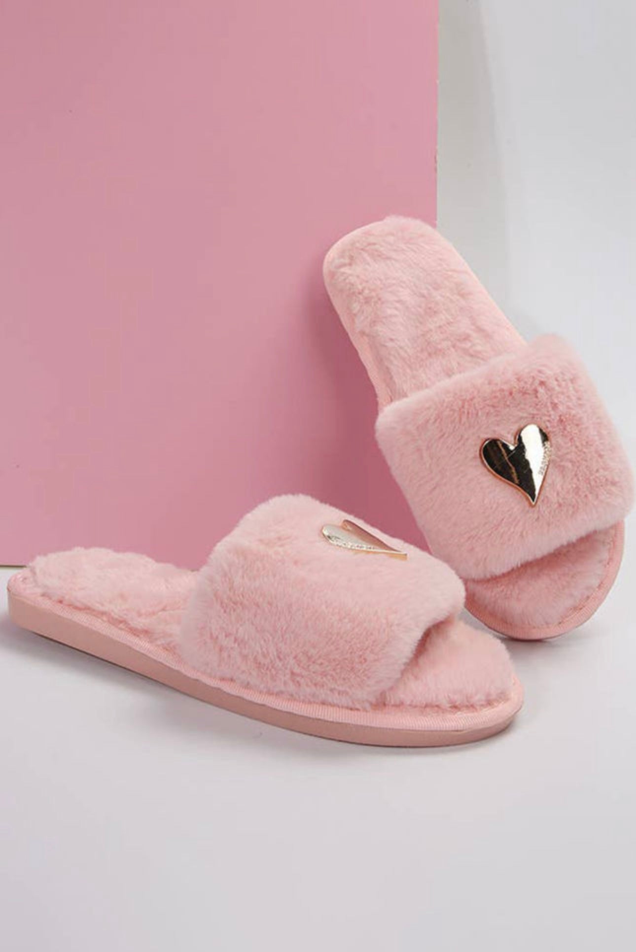 Pink Furry Gold Heart Slippers