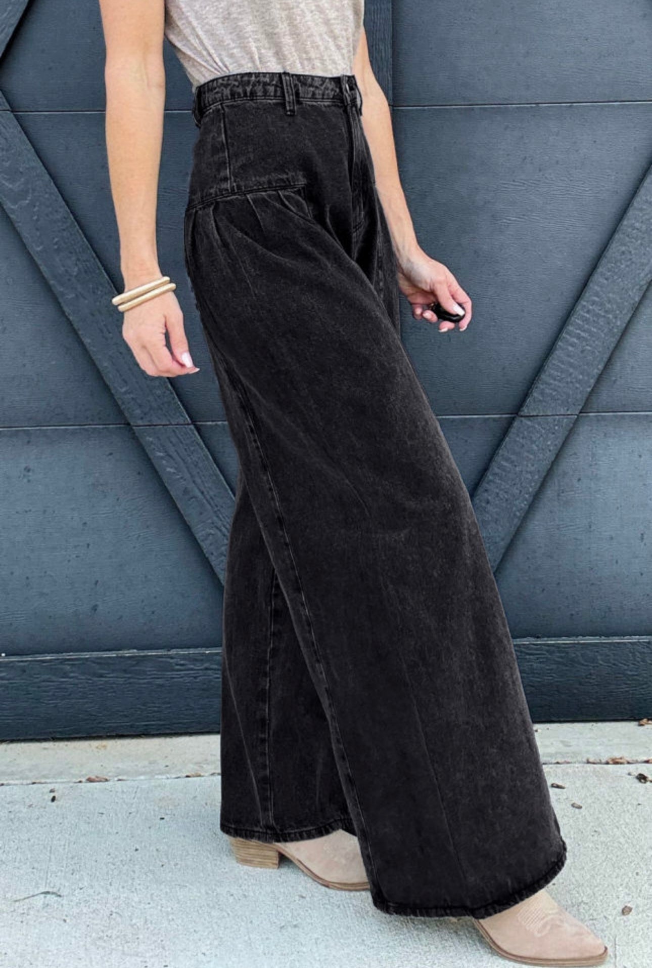 Charcoal Pleated Wide Leg Denim Pants