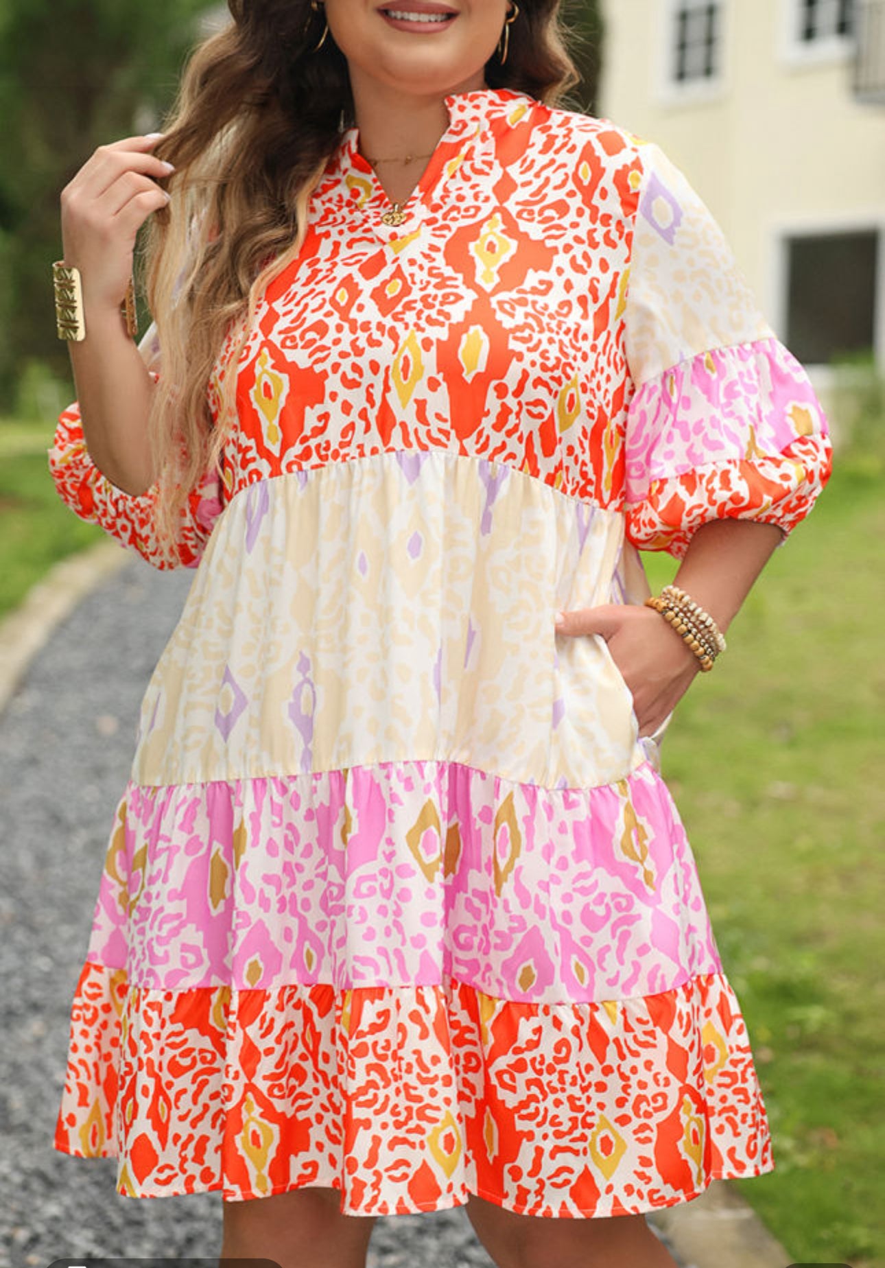 Orange Leopard Colorblock Dress With Puff Sleeves