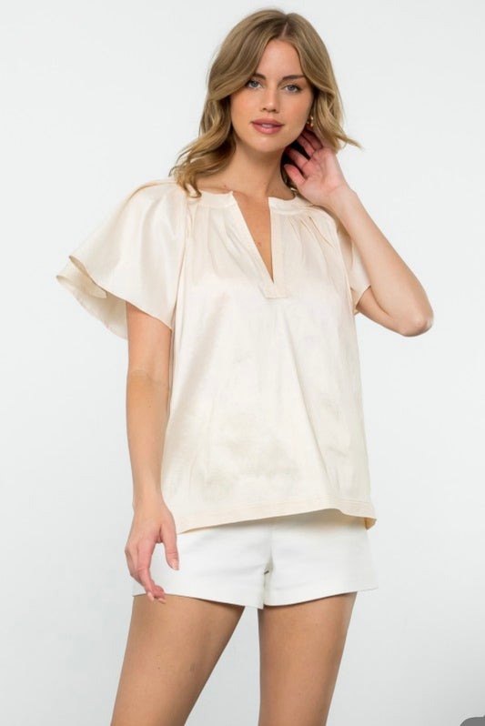 Taffeta V Neck Flutter Sleeve Blouse