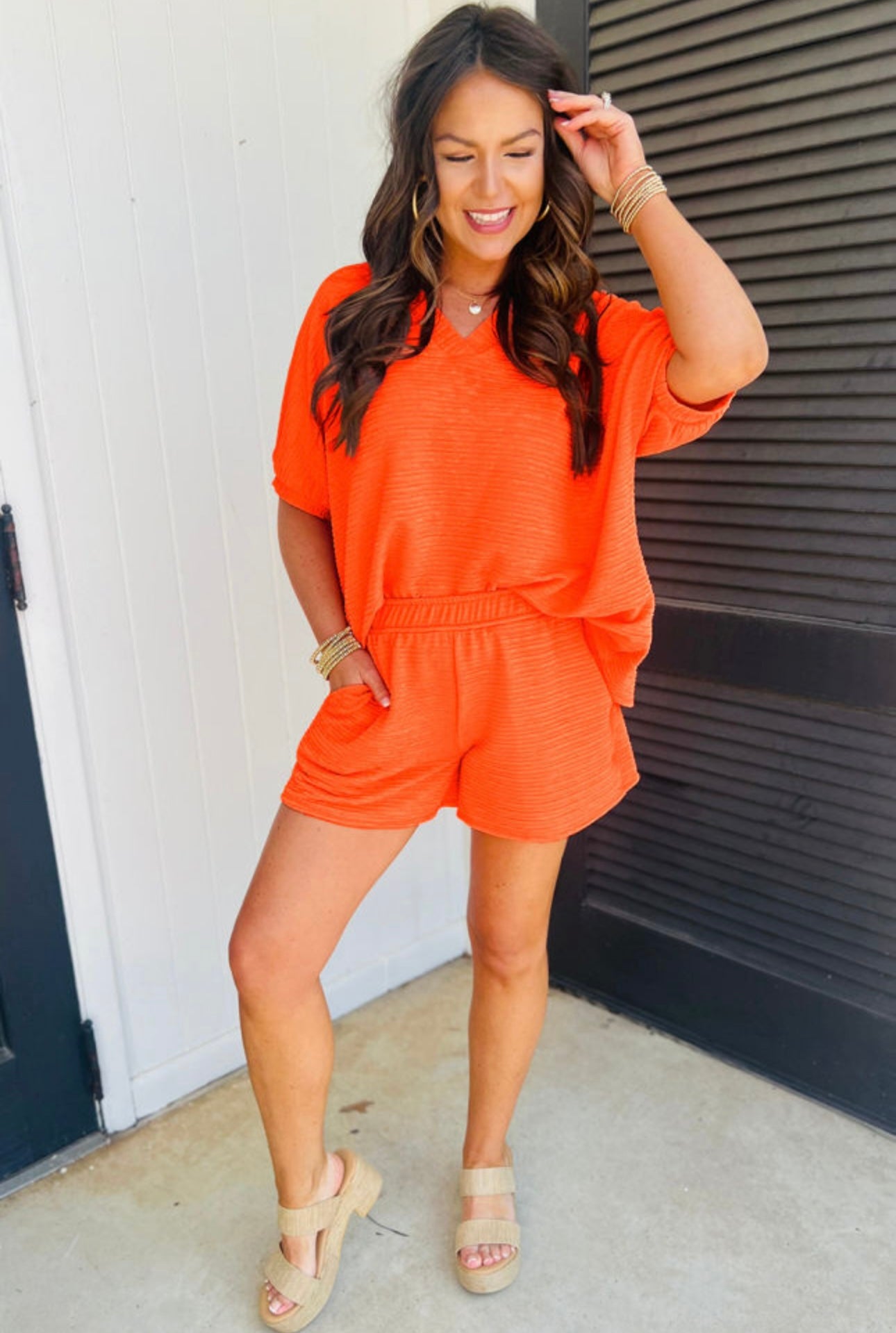Orange Textured Shorts Set
