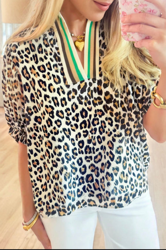 Leopard Print Contrast Stripe Top