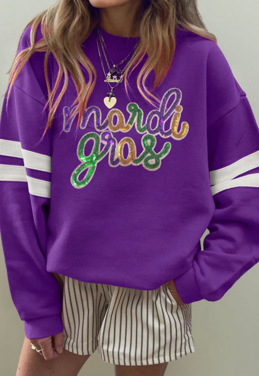 Purple Sequin Mardi Gras Oversized Varsity Swearshirt
