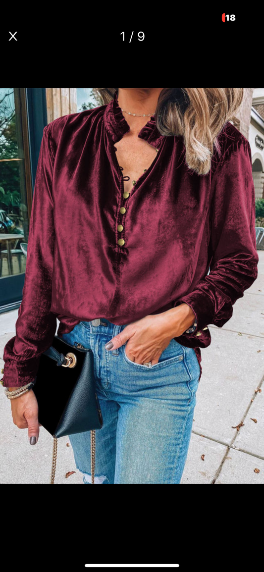 Frilled Neck Buttoned Front Velvet Top