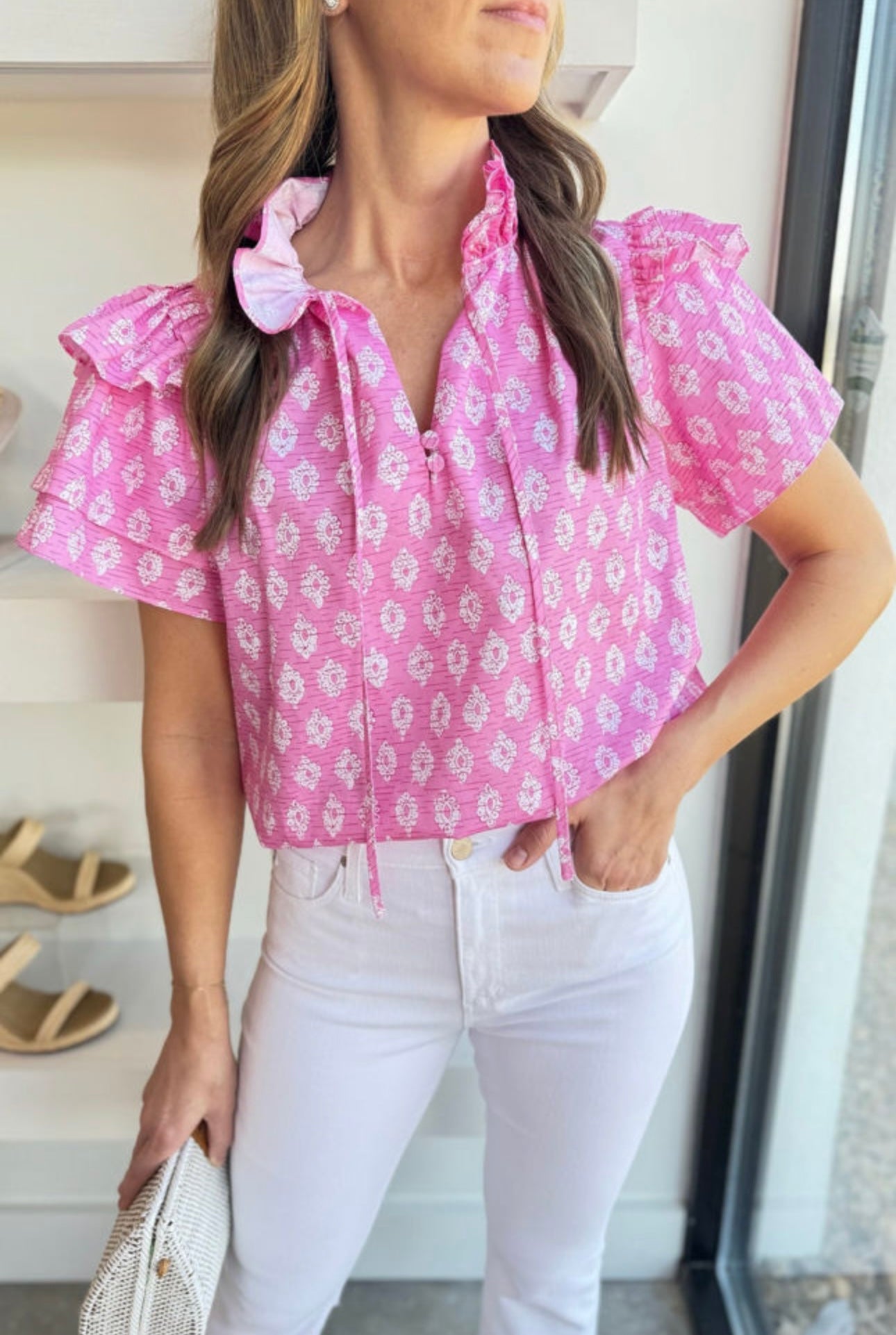 Pink Ruffle Sleeve V Neck Blouse
