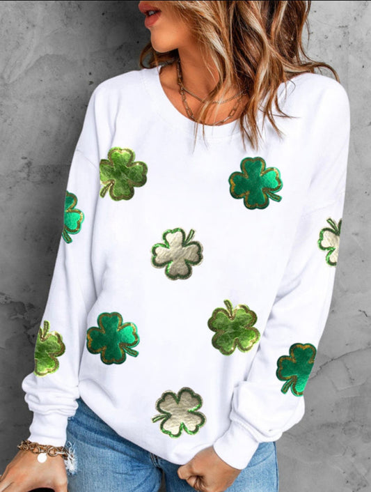 White Shiny Clovers Patch Sweatshirt