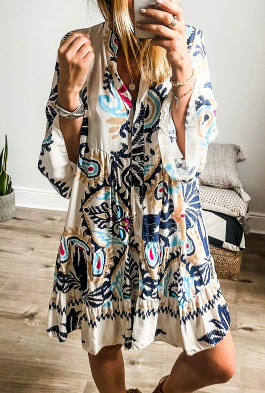 Cream Paisley Button Front Dress
