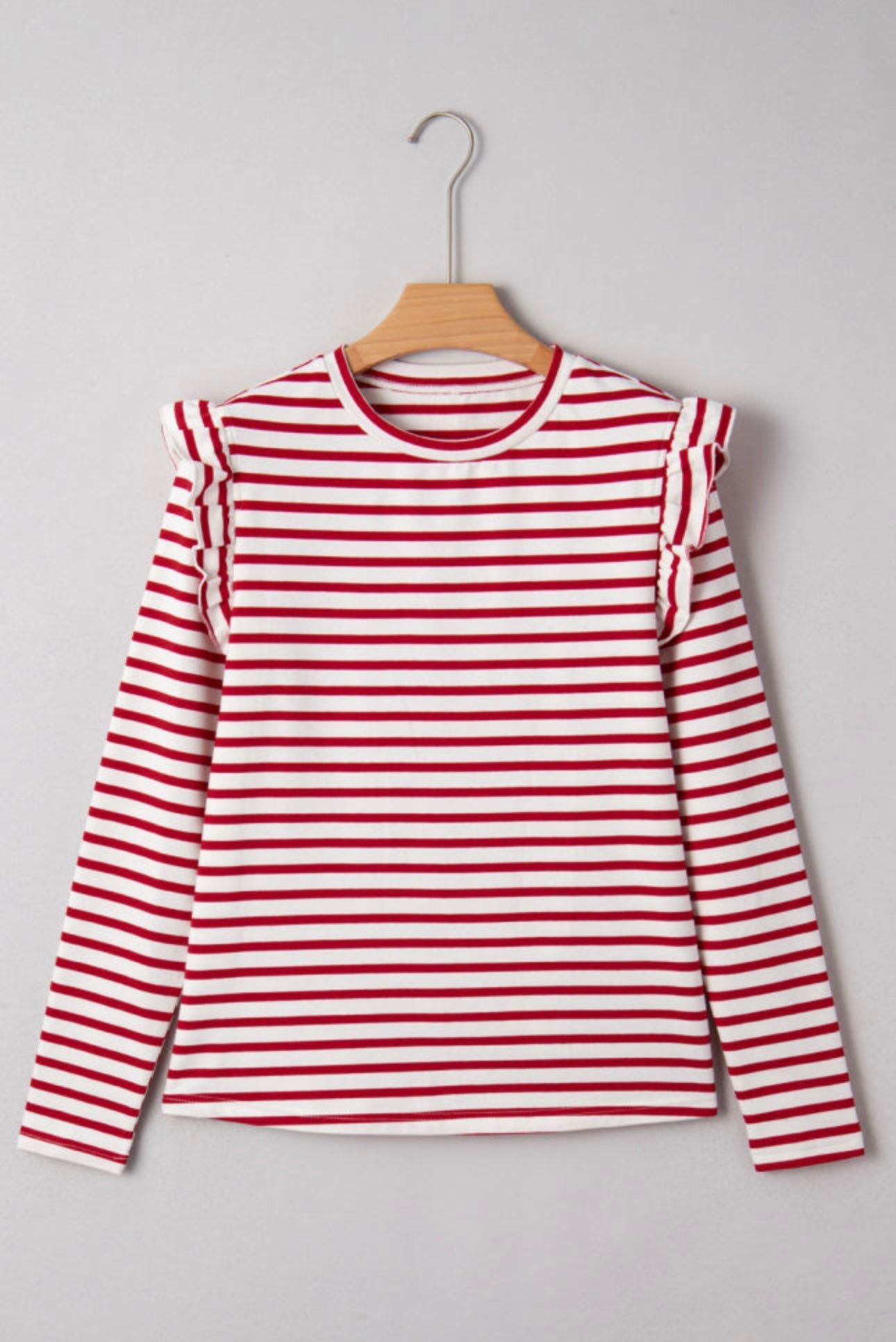 Red and White Stripe Ruffle Trim Long Sleeve Top