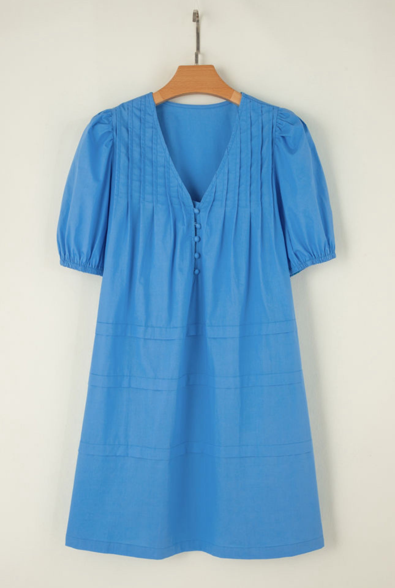 Blue Pleated Puff Sleeve Shift Dress