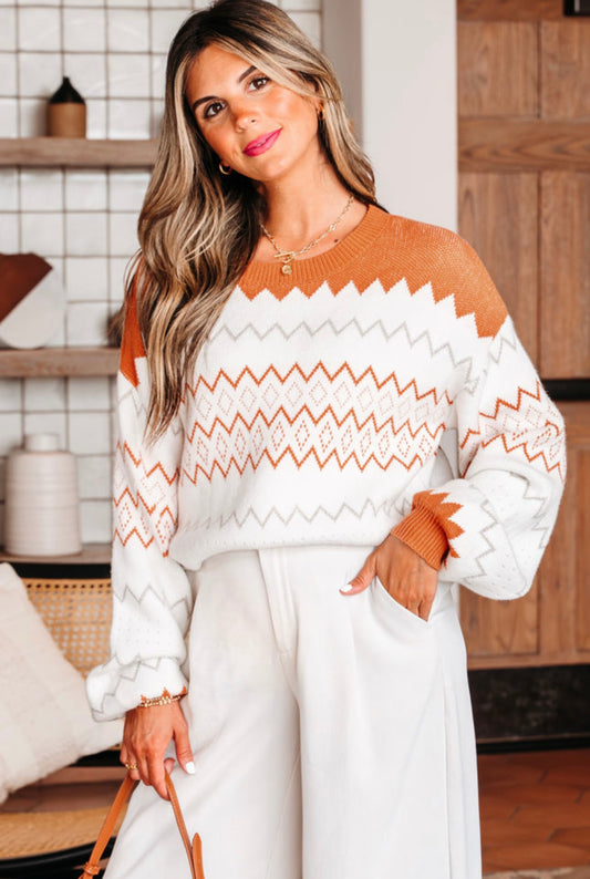 Cream and Fall Orange Zig Zag Sweater