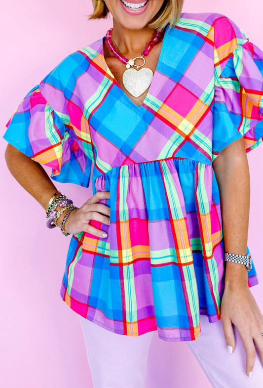 Plaid V Neck Ruffled Sleeve Babydoll Top