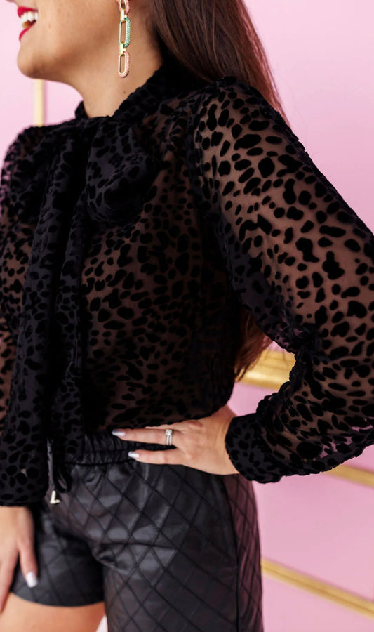 Brianna Cannon Black Leopard Burnout Velvet   Button Down Blouse with Bow