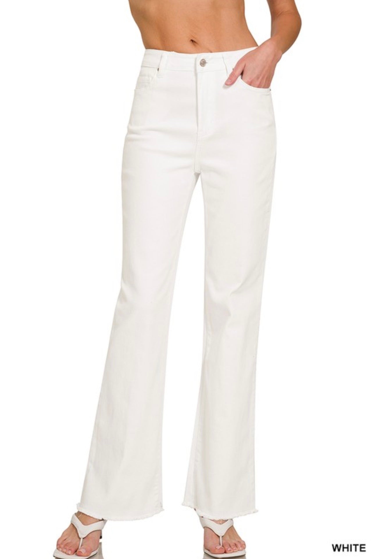 White Frayed Hem Straight Jeans