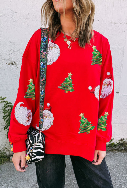 Red Sequin Santa and Christmas Tree Sweatshirt