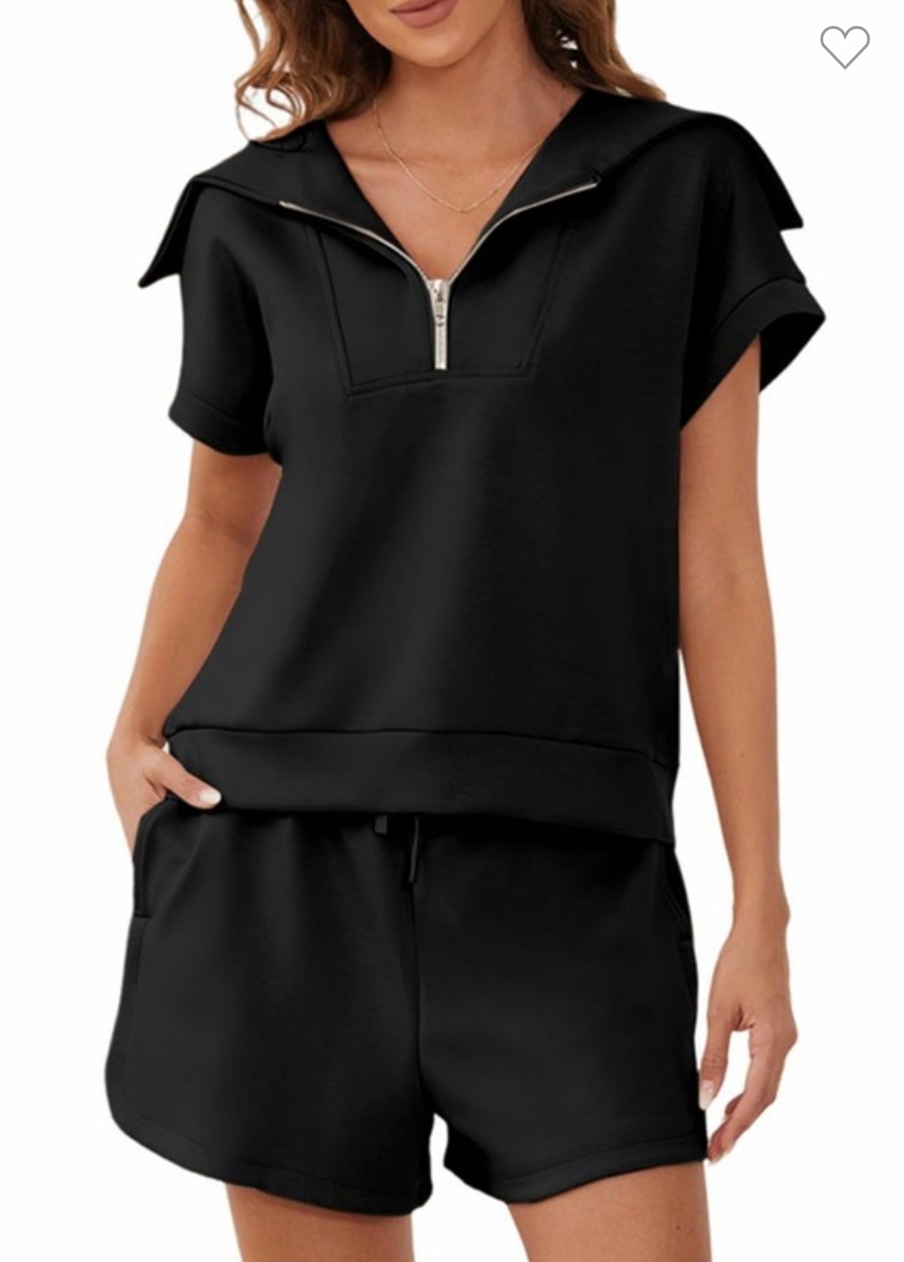 Zipper Short Sleeve Top with High Waist Shorts Set