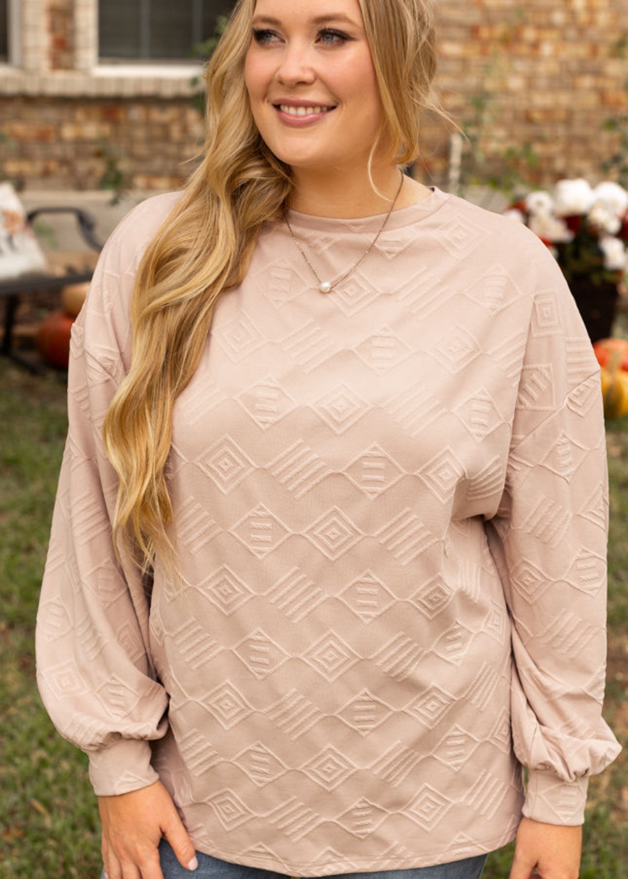 Curvy Sized Beige Textured Drop Shoulder Crewneck Pullover