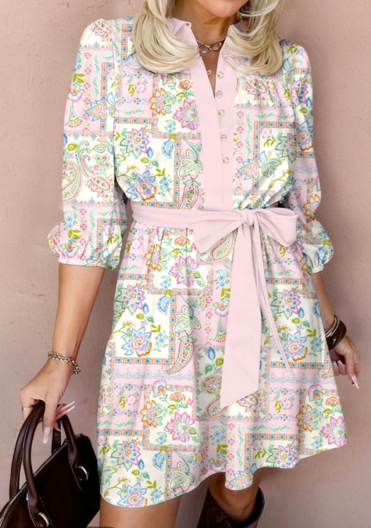 Pink Floral Half Sleeve Dress