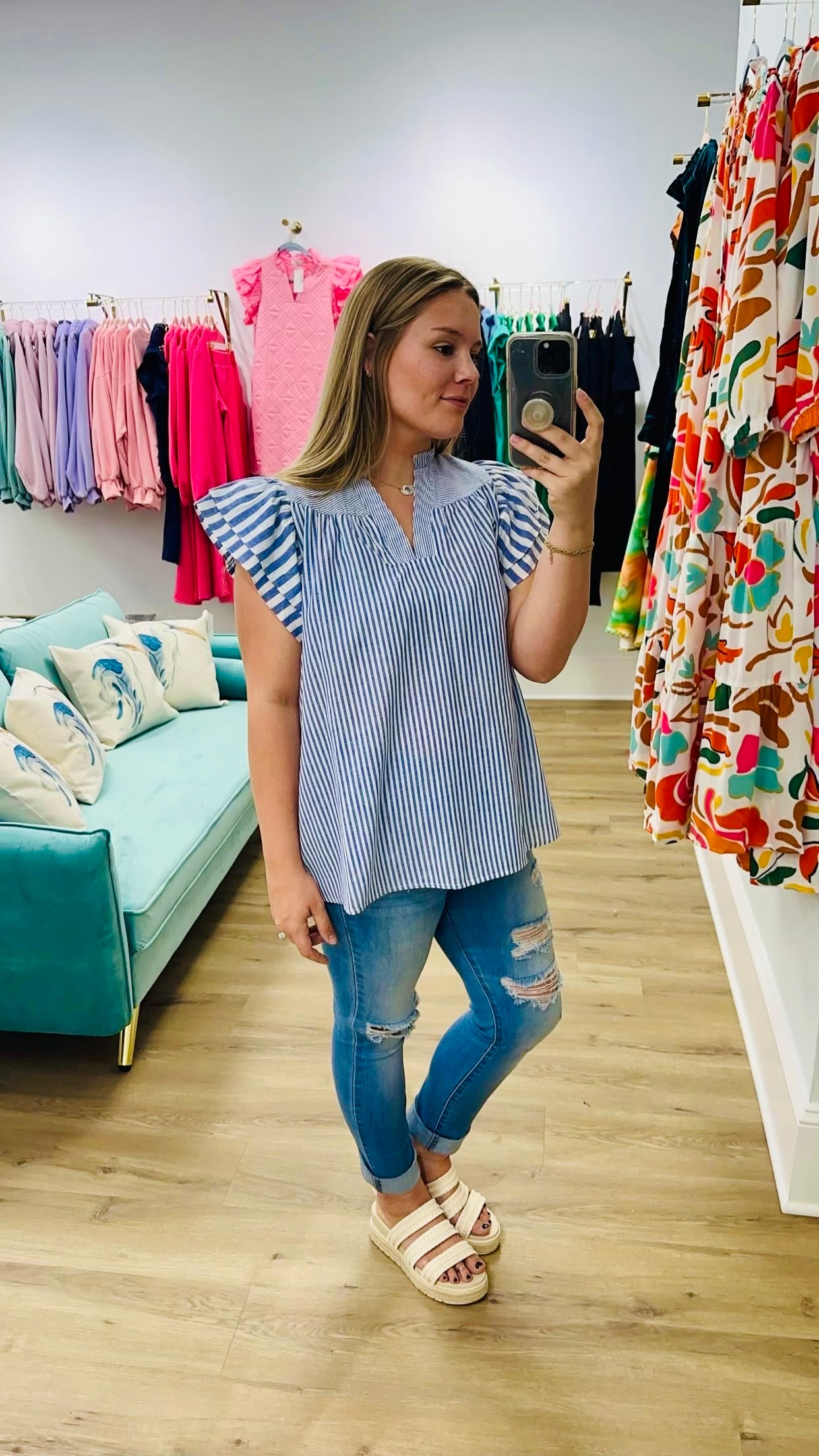 Light Navy Striped Flutter Sleeve V Neck Blouse