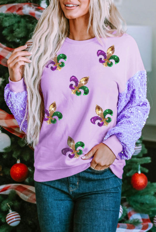 Orchid Sequin Fleur de Lis Sleeve Sweatshirt