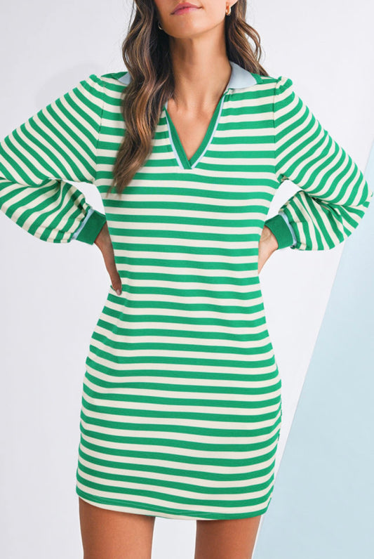 Green Striped Blue Collared Dress