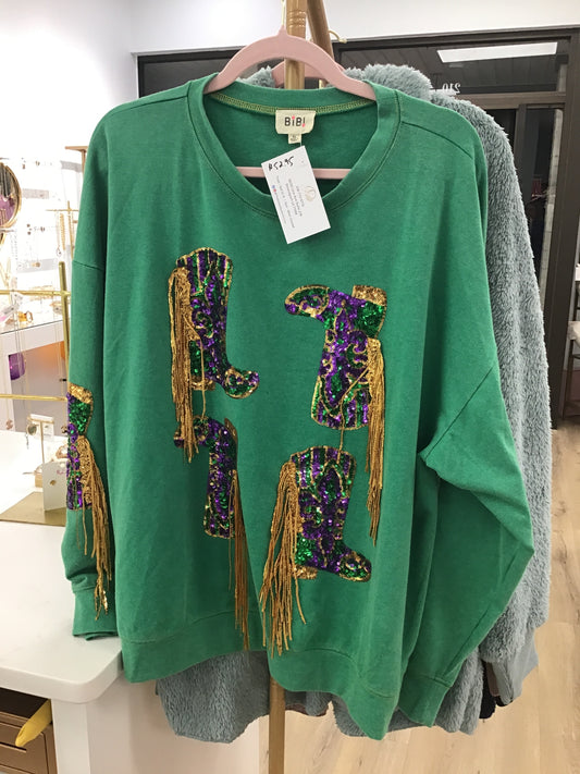 Green Mardi Gras sweatshirt with Sequined Boots