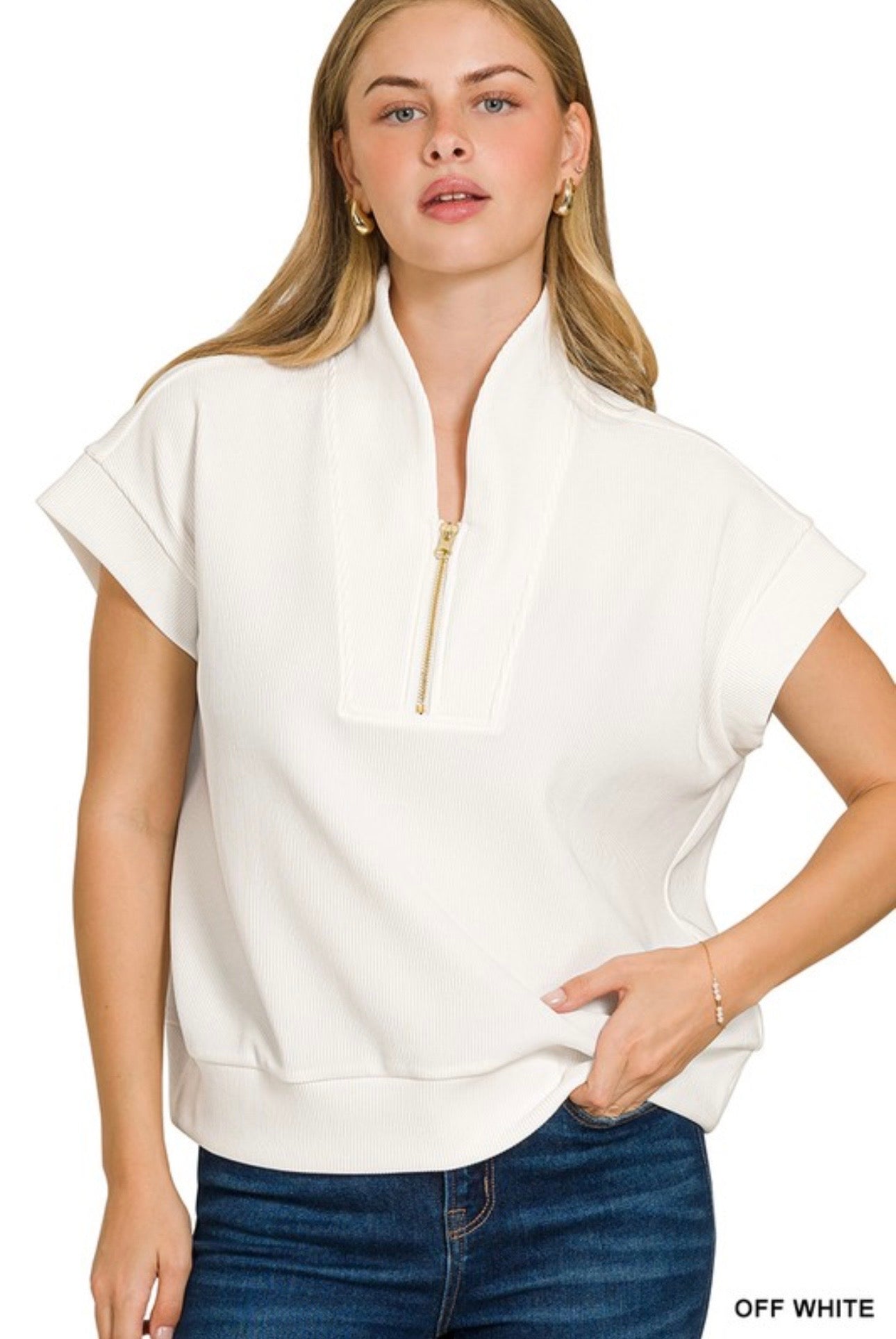 Ribbed High Neck Half Zip Top