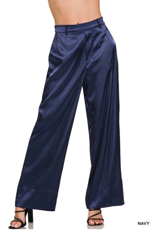 Navy Wide Leg Satin Pants