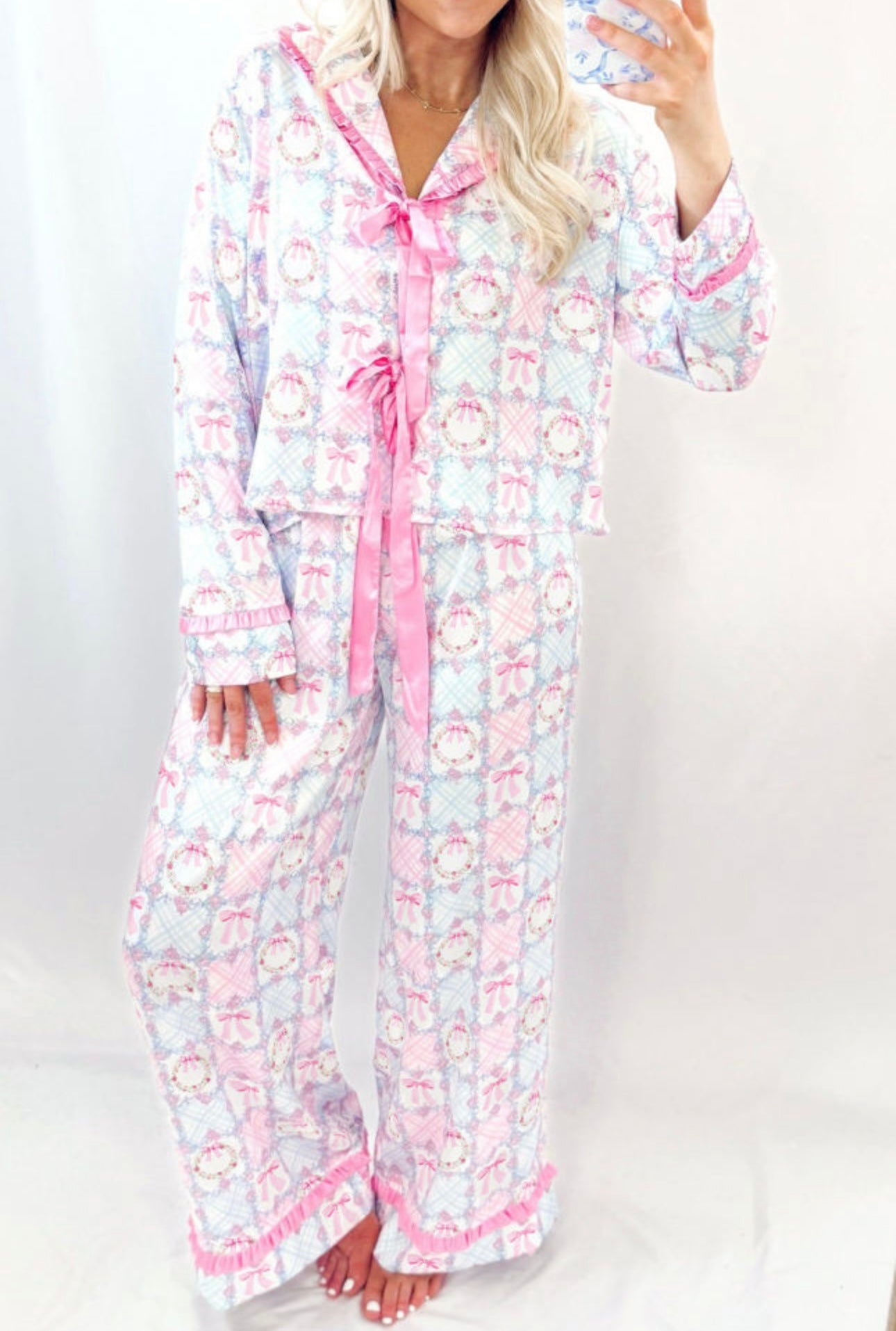 Pink Bow Wreath Christmas Pajama Pants Set
