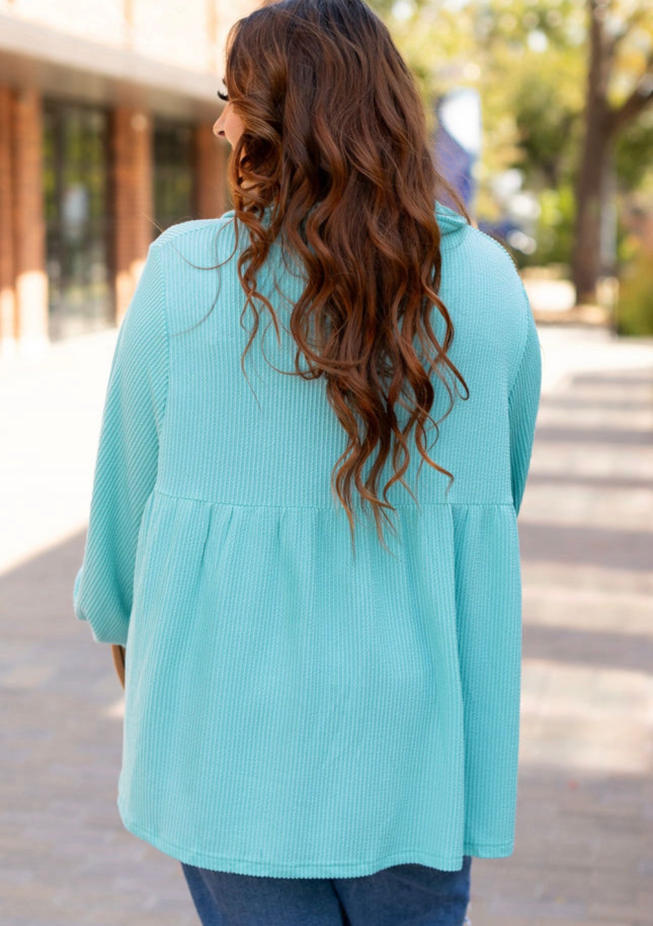 Curvy Sized Turquoise Ribbed Balloon Sleeve Collared Babydoll Blouse